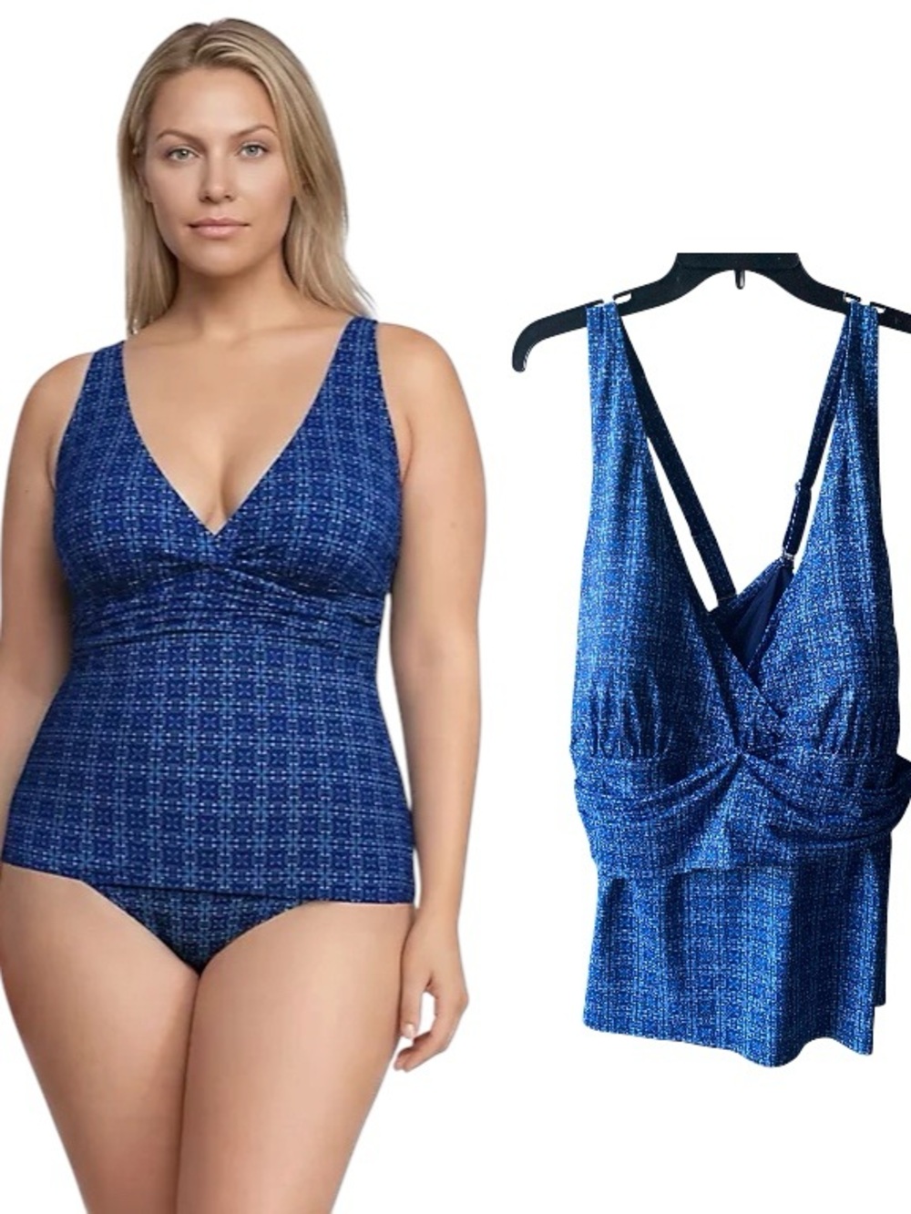 Lands' End Plus Size v neck plunge convertible straps X Blue tankini